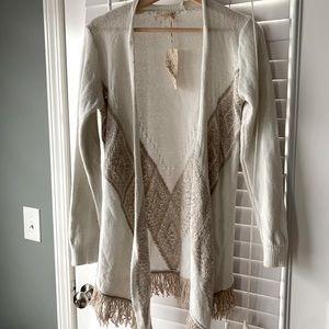 NWT Mystree Cardigan Sweater Size Small, Cream/Tan Fringe